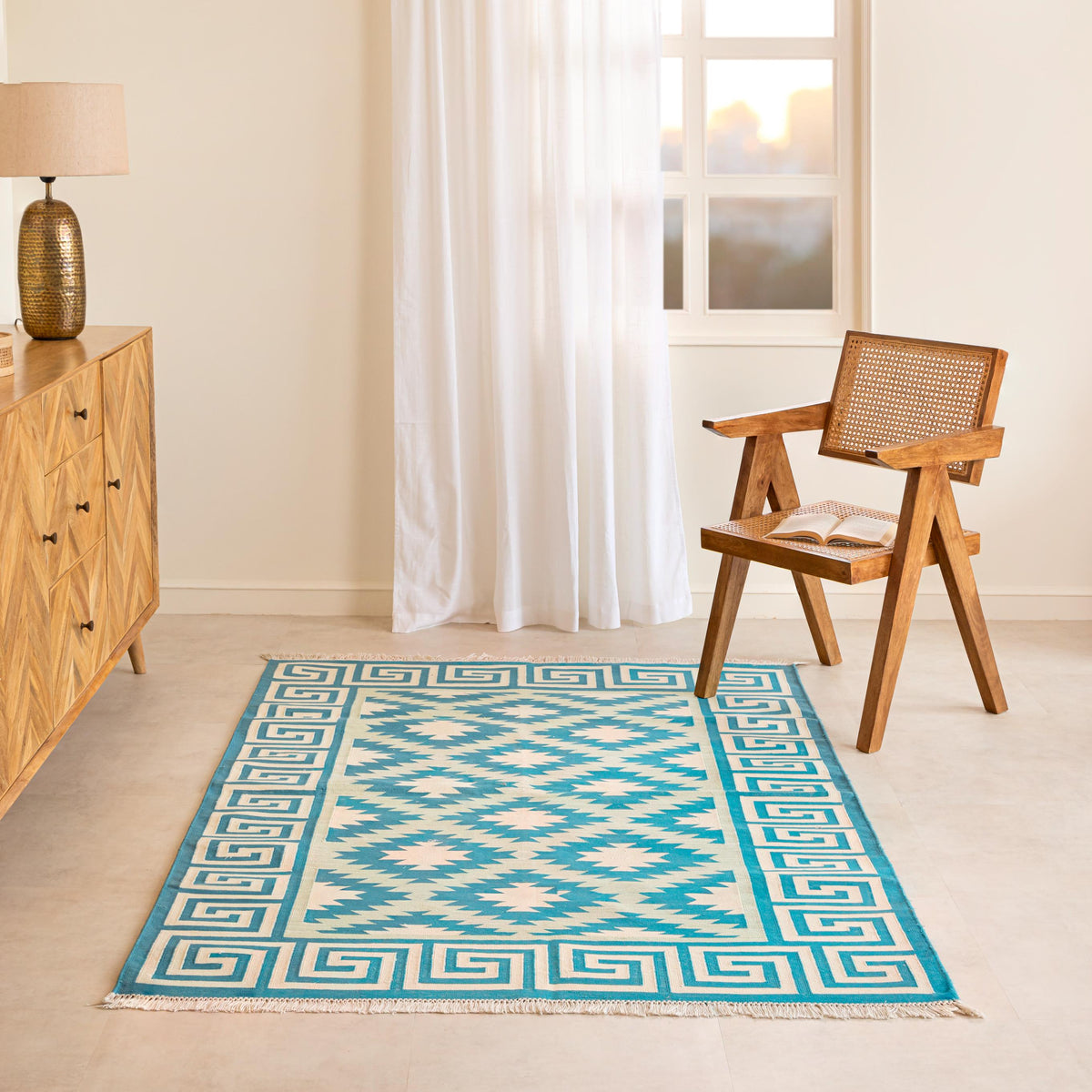 Handmade 100% Cotton Kilim-Inspired Blue Geometric Flatweave Rug