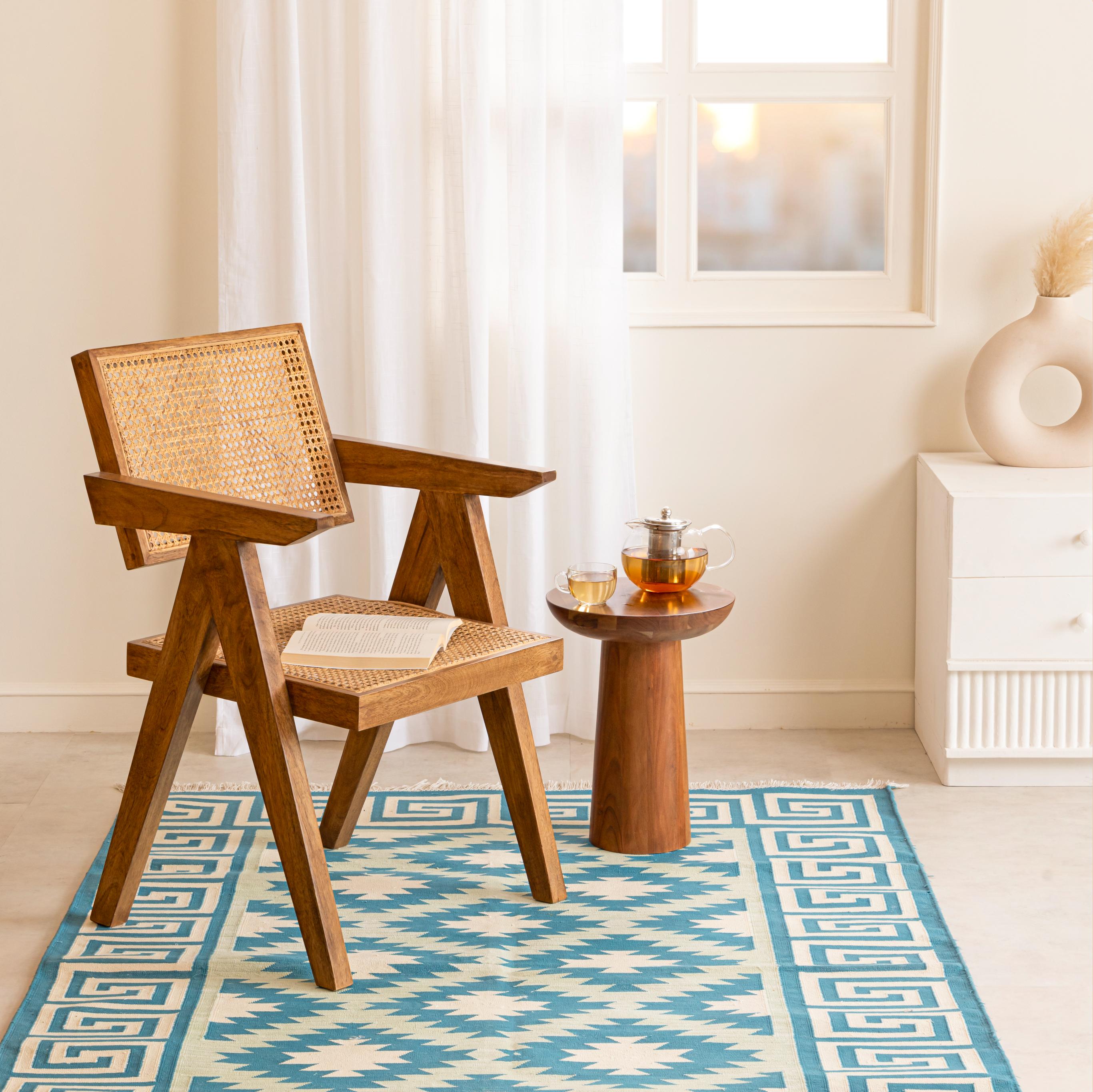 Handmade 100% Cotton Kilim-Inspired Blue Geometric Flatweave Rug