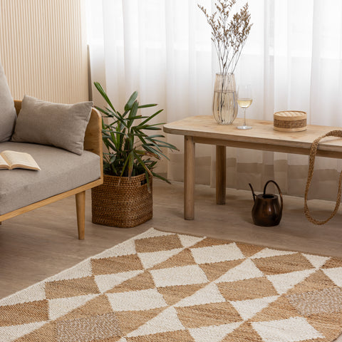 Handwoven Geometric Diamond Hemp Rug - Natural Elegance