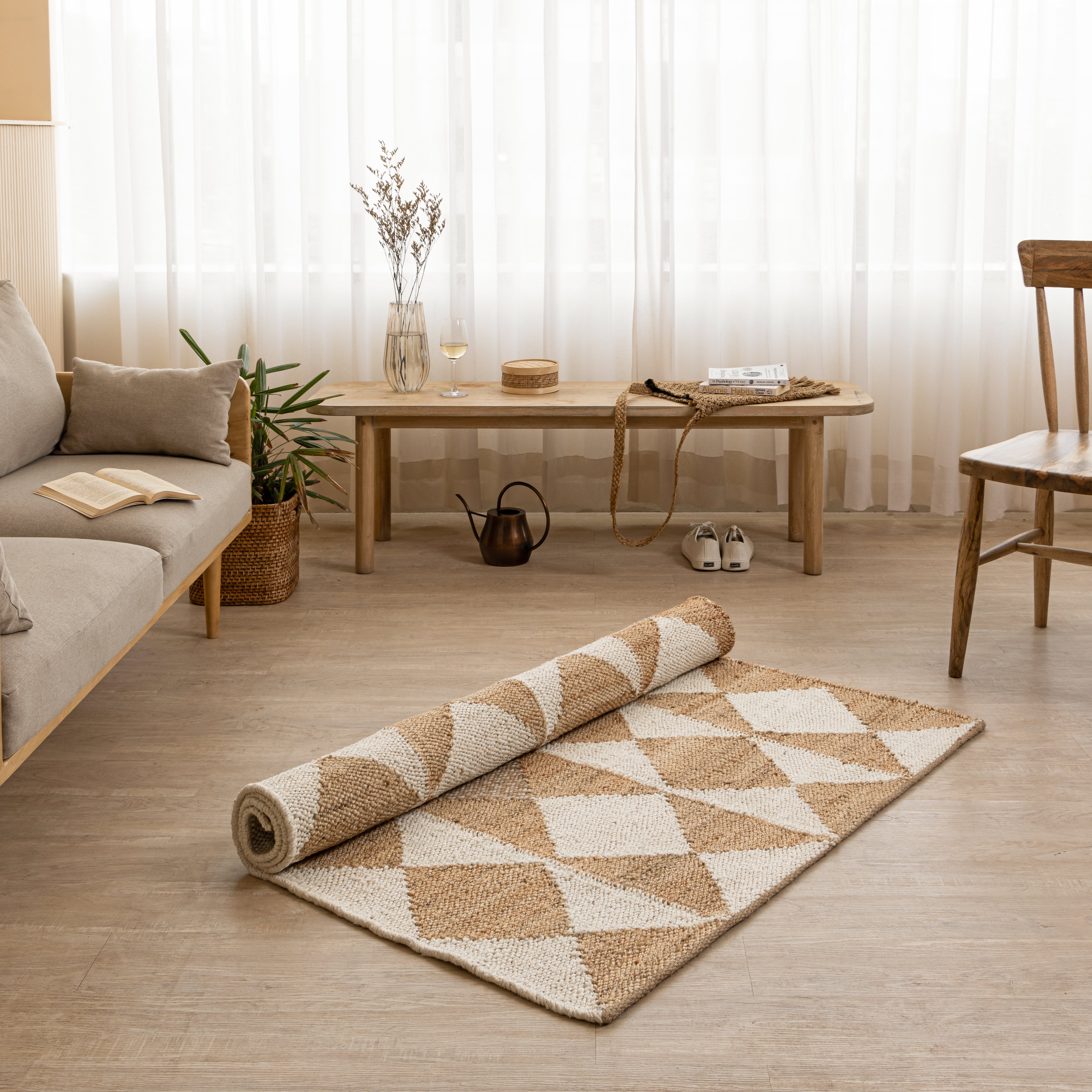 Handwoven Geometric Diamond Hemp Rug - Natural Elegance