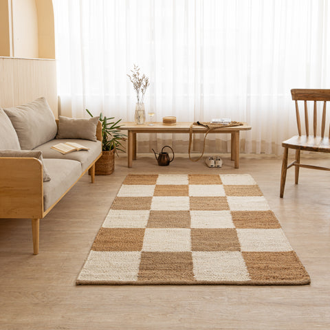 Handwoven Checkered Hemp Rug - Classic Two-Tone Design