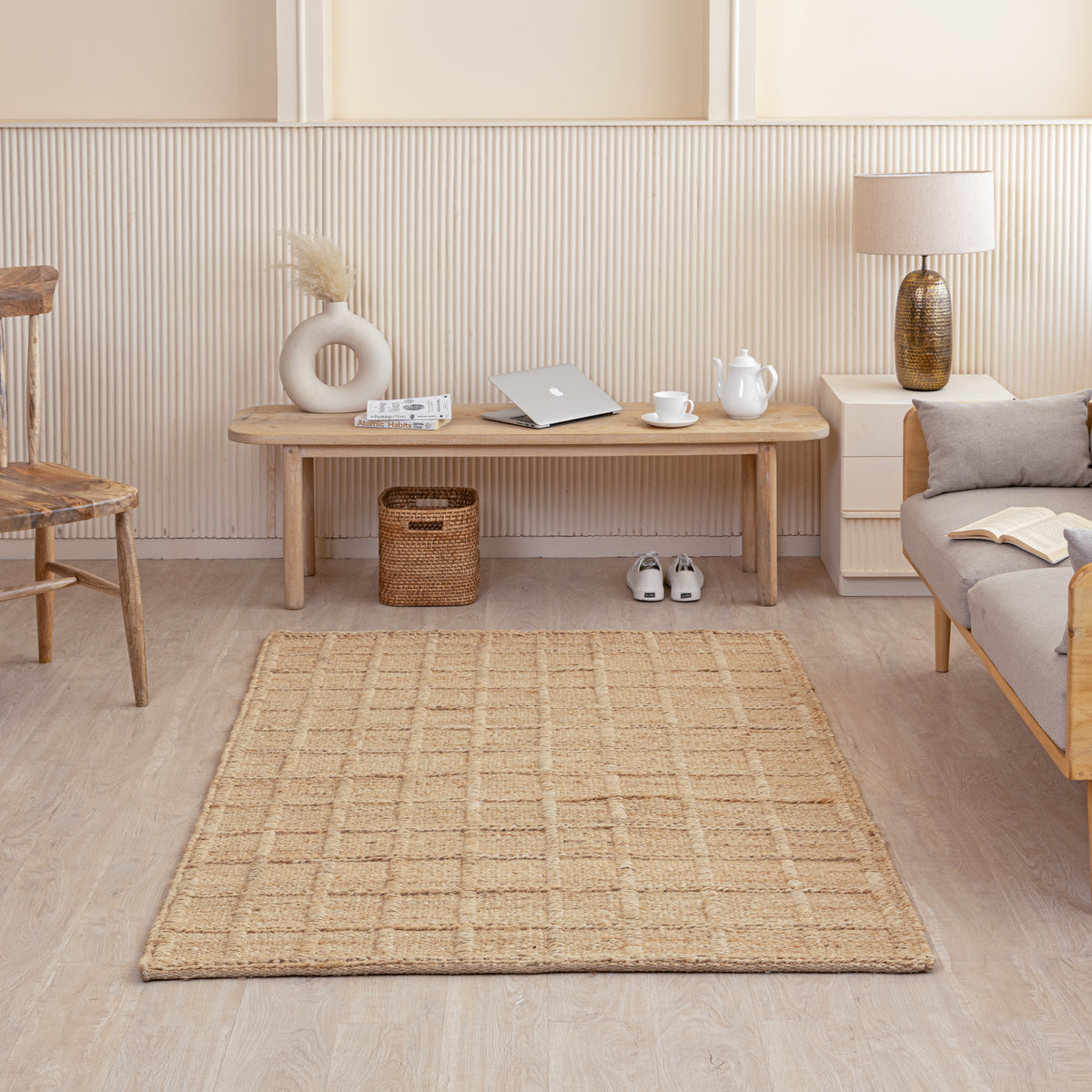 Handwoven Grid Pattern Hemp Rug - Natural Minimalism