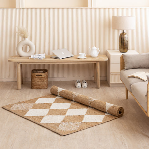 Handwoven Diamond-Checkered Hemp Rug - Natural Elegance with a Geometric Twist