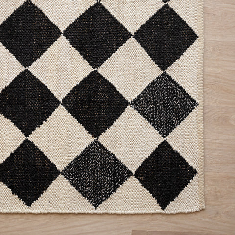 Handwoven Black & White Diamond Hemp Rug - Bold Geometric Design