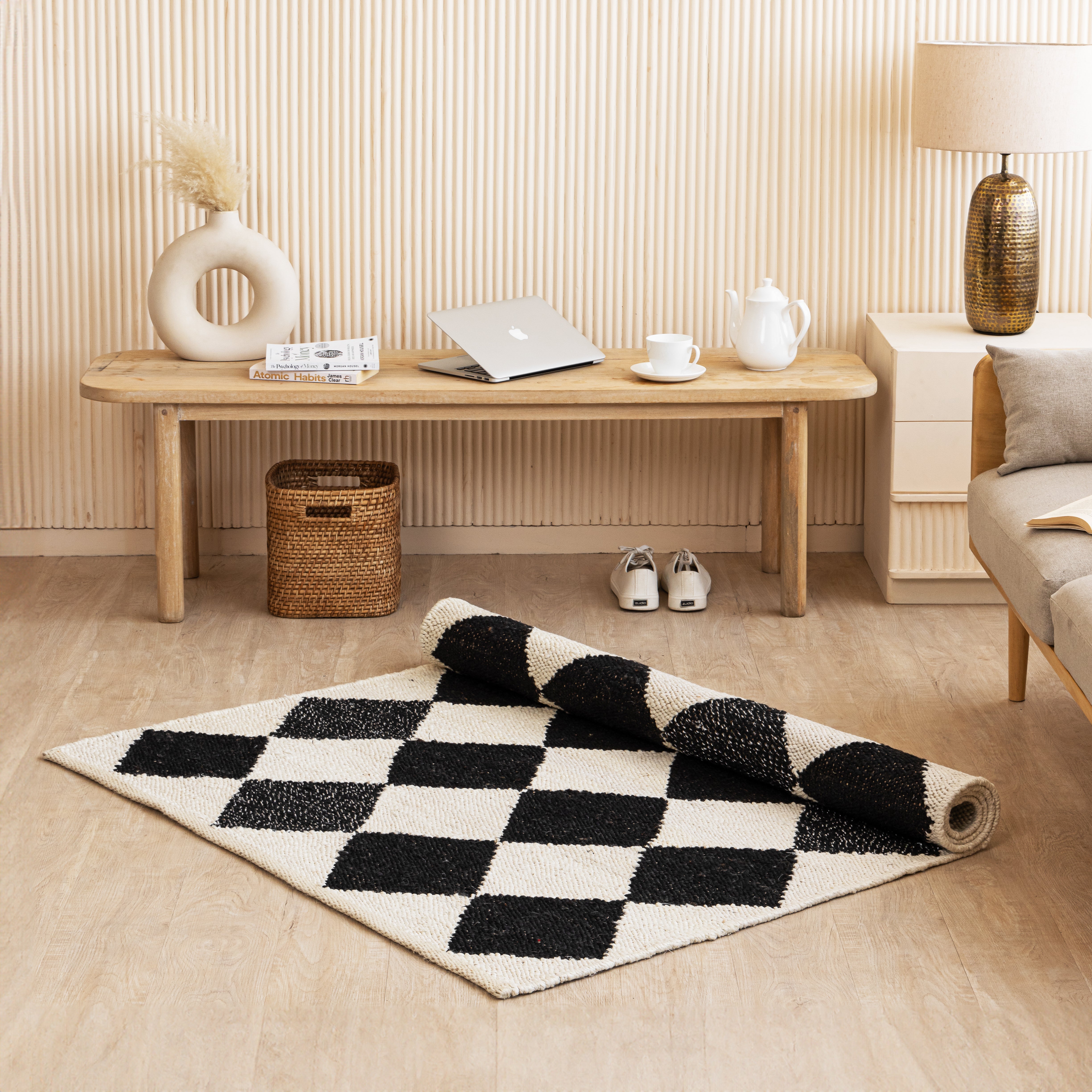 Handwoven Black & White Diamond Hemp Rug - Bold Geometric Design