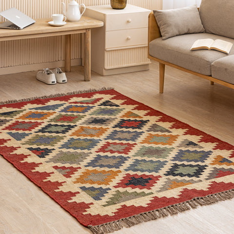 Handwoven Wool-Jute Tribal Kilim Rug - Rustic Geometric Charm