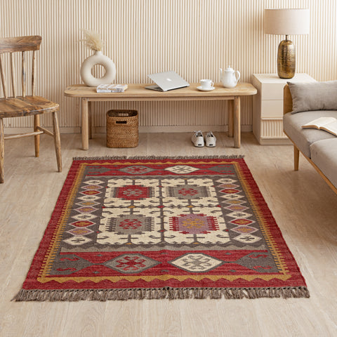 Handwoven Wool-Jute Ethnic Kilim Rug - Vintage Geometric Design