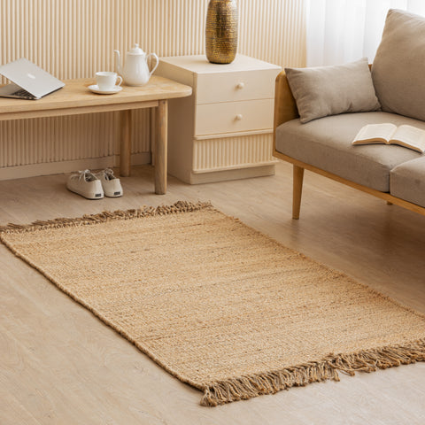 Handwoven Natural Hemp Flatweave Rug with Fringe - Rustic Minimalist Design