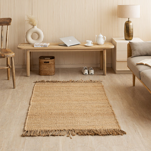 Handwoven Natural Hemp Flatweave Rug with Fringe - Rustic Minimalist Design