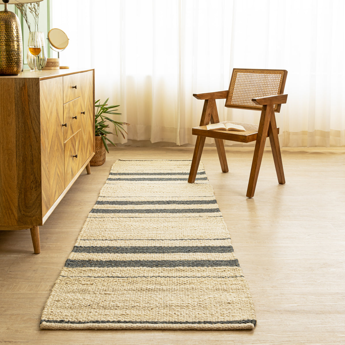 Handwoven Hemp Runner Rug with Striped Accents - Coastal Minimalist Flatweave