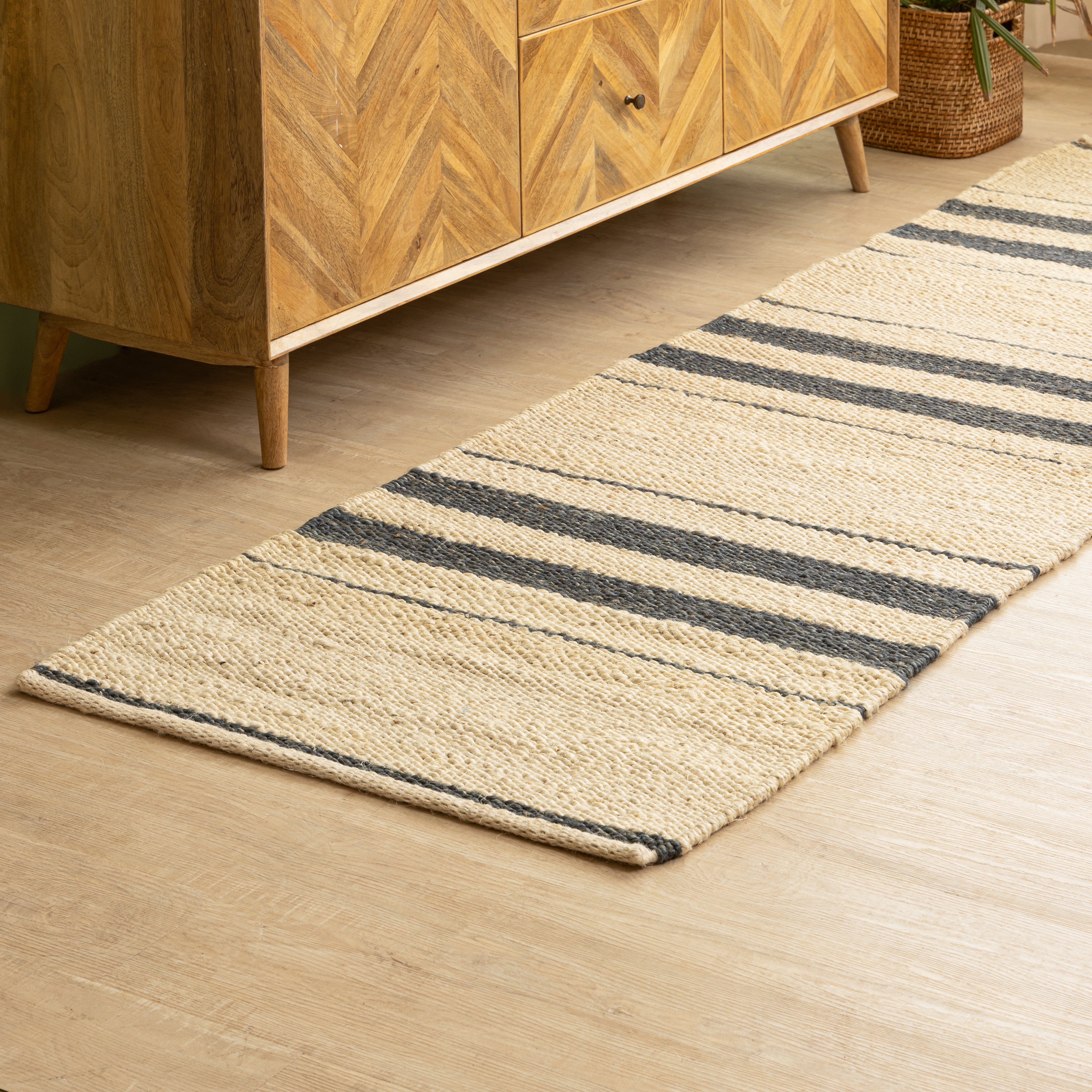 Handwoven Hemp Runner Rug with Striped Accents - Coastal Minimalist Flatweave