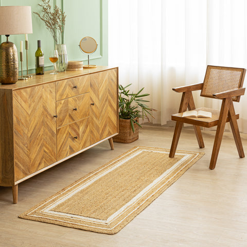 Handwoven Natural Hemp Runner Rug with Bordered Accents - Eco-Friendly Flatweave Design