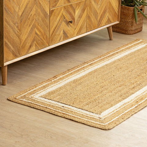 Handwoven Natural Hemp Runner Rug with Bordered Accents - Eco-Friendly Flatweave Design