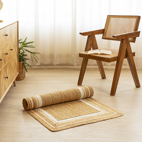 Handwoven Natural Hemp Runner Rug with Bordered Accents - Eco-Friendly Flatweave Design