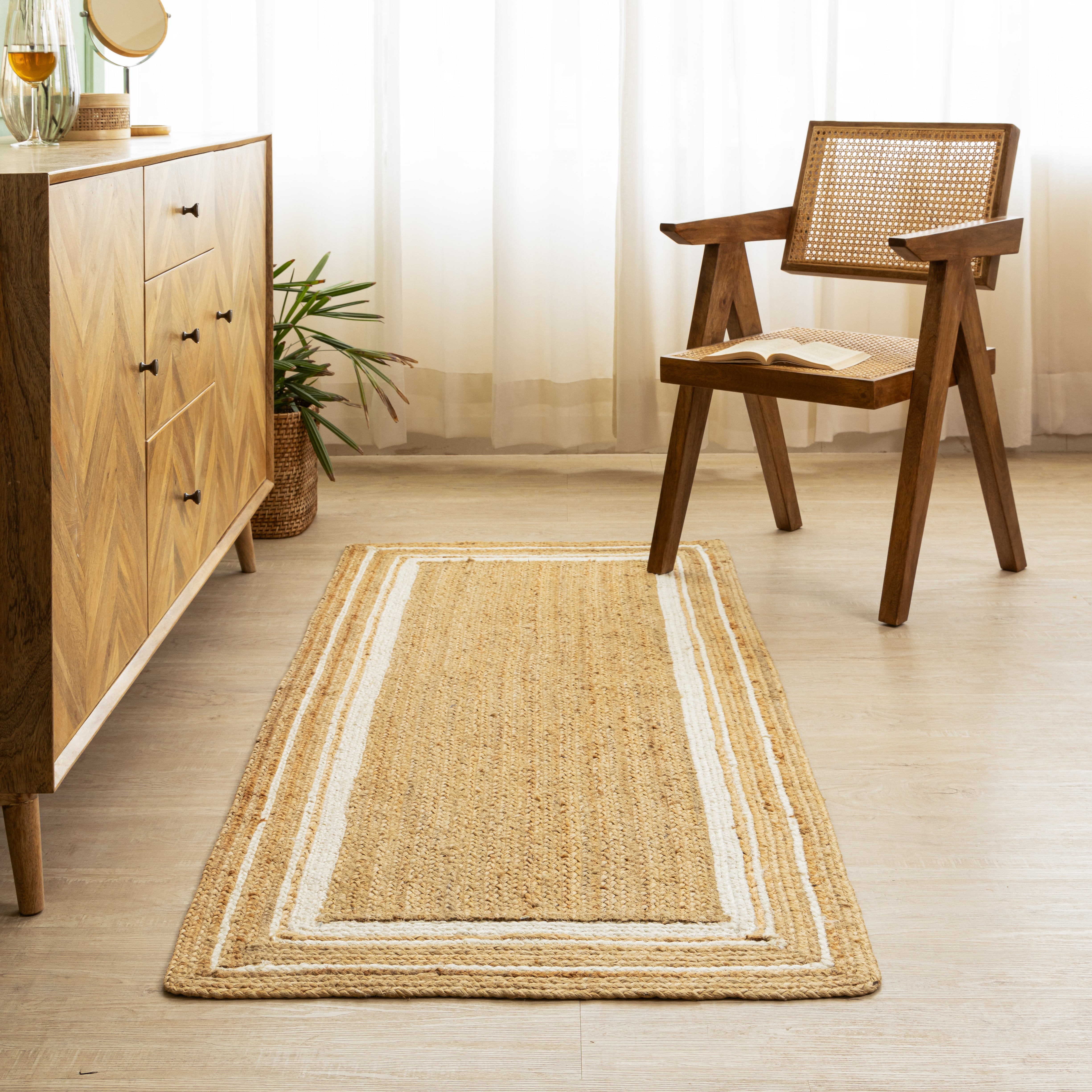 Handwoven Natural Hemp Runner Rug with Bordered Accents - Eco-Friendly Flatweave Design