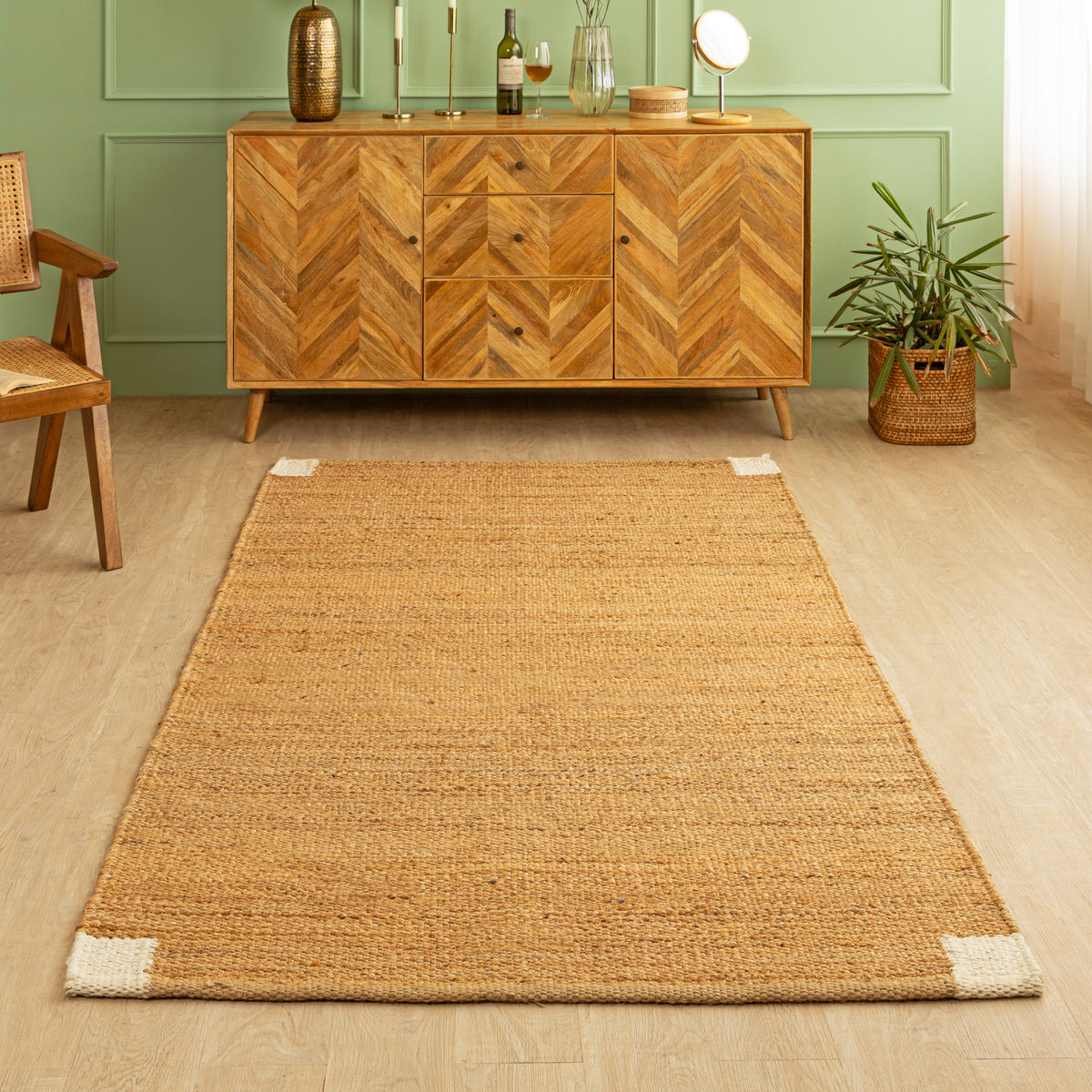 Handwoven Natural Hemp Rug with Subtle White Corner Accents - Minimalist Flatweave