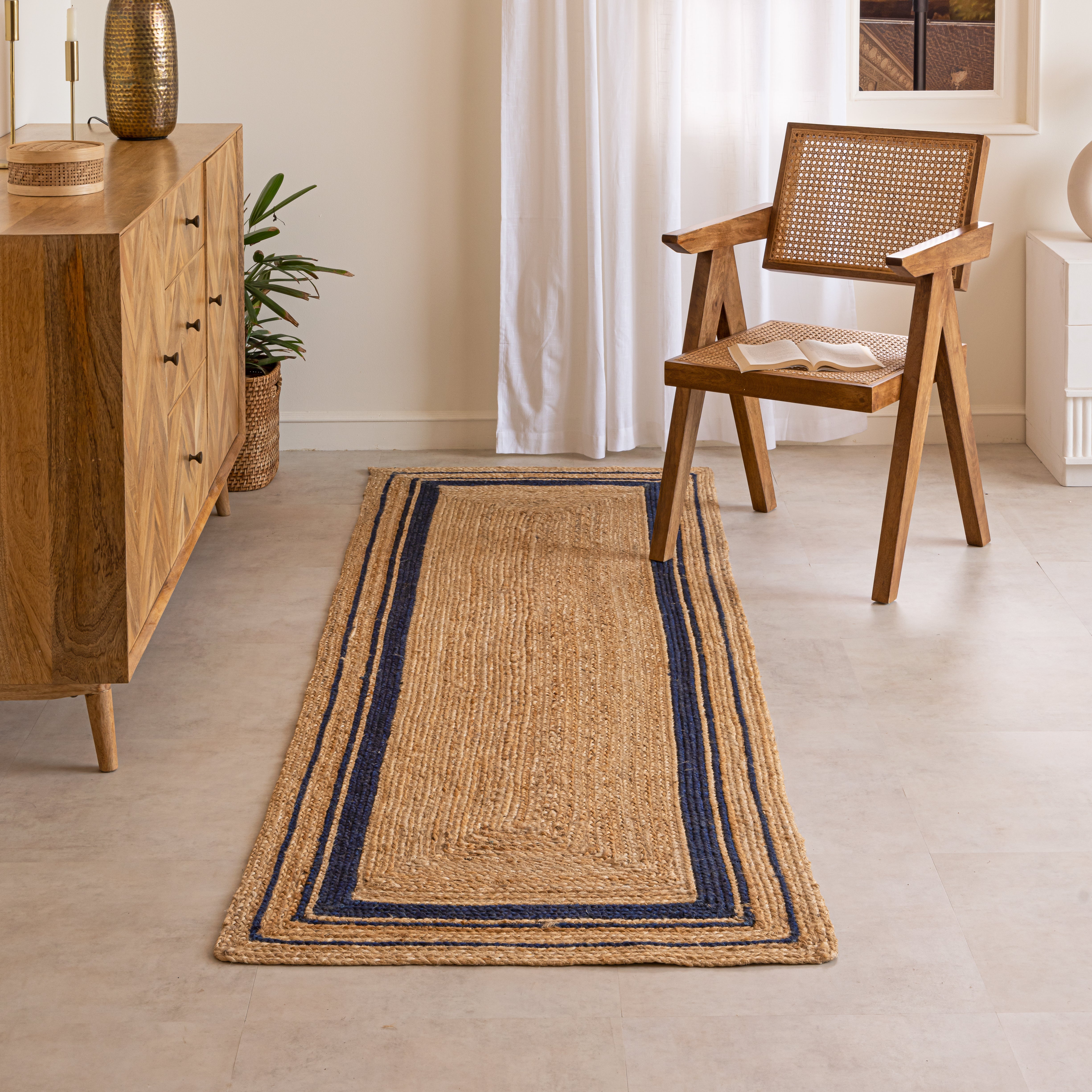 Handwoven Natural Hemp Runner Rug with Bordered Accents - Eco-Friendly Flatweave Design