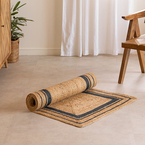 Handwoven Natural Hemp Runner Rug with Bordered Accents - Eco-Friendly Flatweave Design