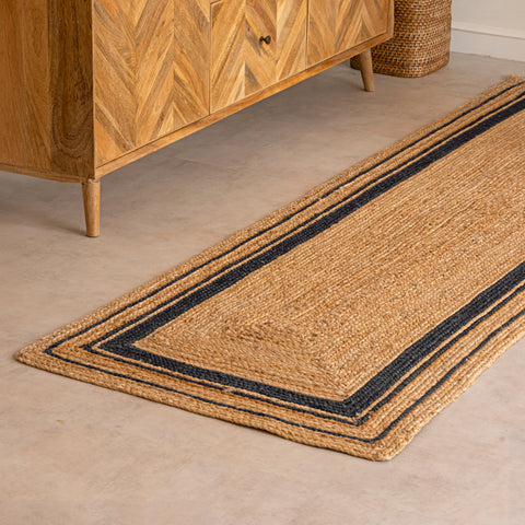 Handwoven Natural Hemp Runner Rug with Bordered Accents - Eco-Friendly Flatweave Design