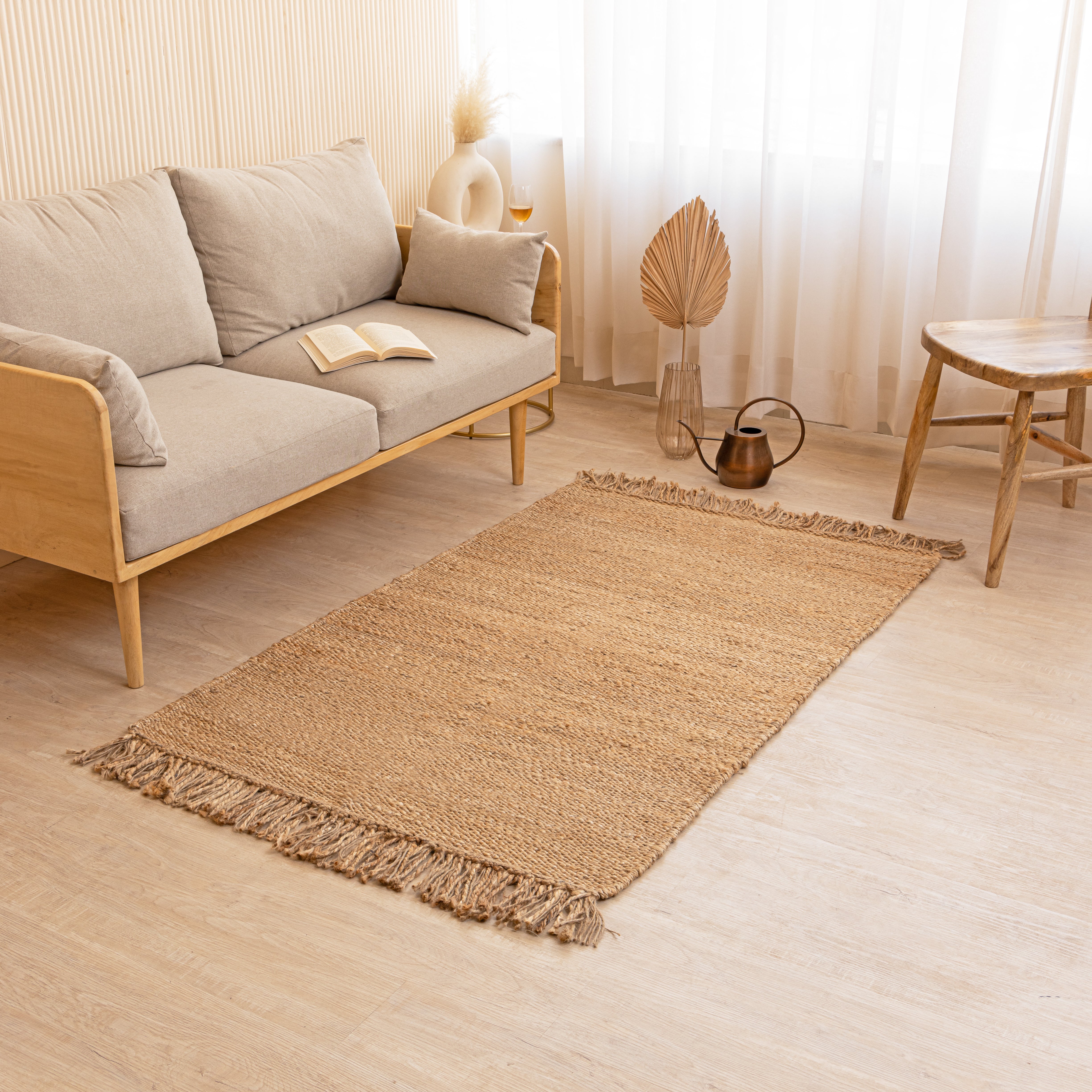 Handwoven Natural Hemp Area Rug with Fringe - Rustic Charm