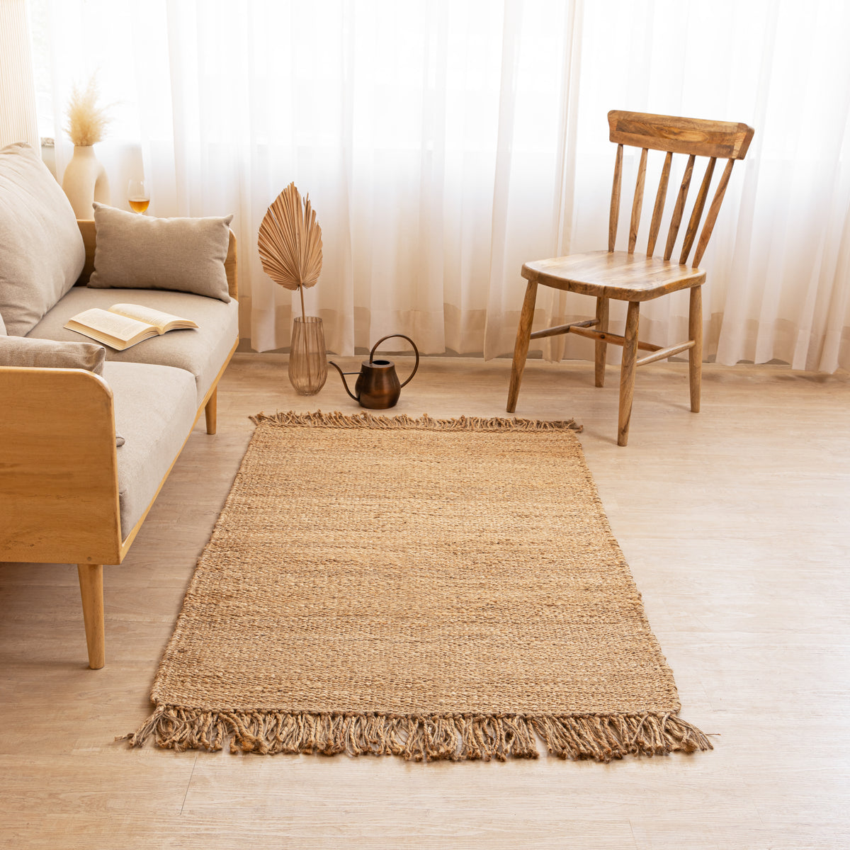 Handwoven Natural Hemp Area Rug with Fringe - Rustic Charm