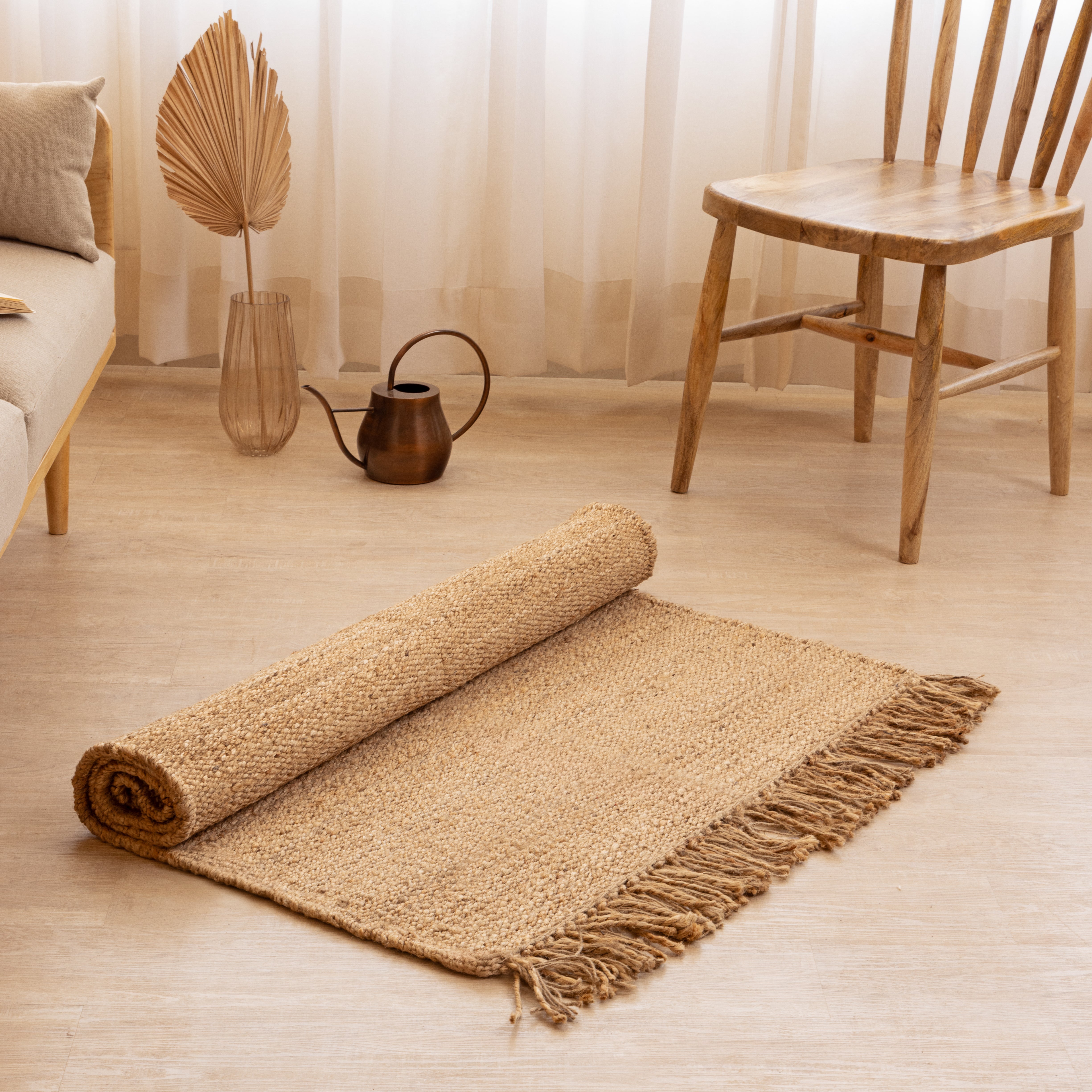 Handwoven Natural Hemp Area Rug with Fringe - Rustic Charm