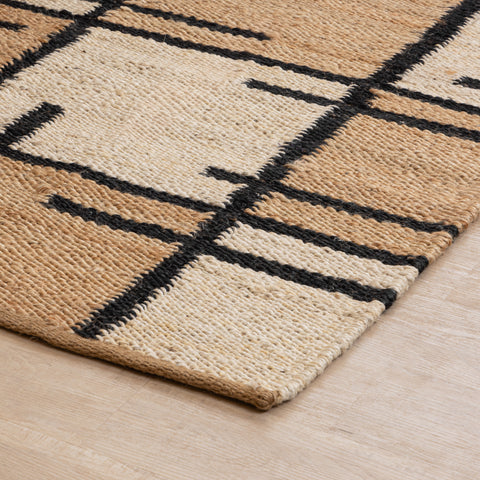 Modern Geometric Handmade Hemp Rug - Natural Beige, Black & White