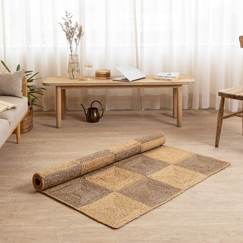 Handcrafted Hemp Checkered Rug - Rustic Two-Tone Elegance