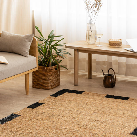 Handcrafted Natural Hemp Rug with Bold Black Accents - Modern Minimalist Design