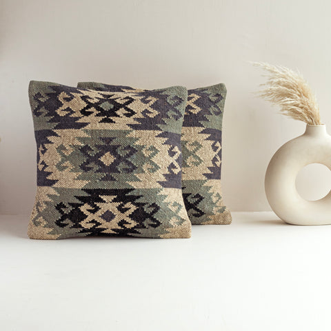 Handwoven Wool-Jute Cushion Covers - Geometric Tribal Design, Boho-Inspired Decor