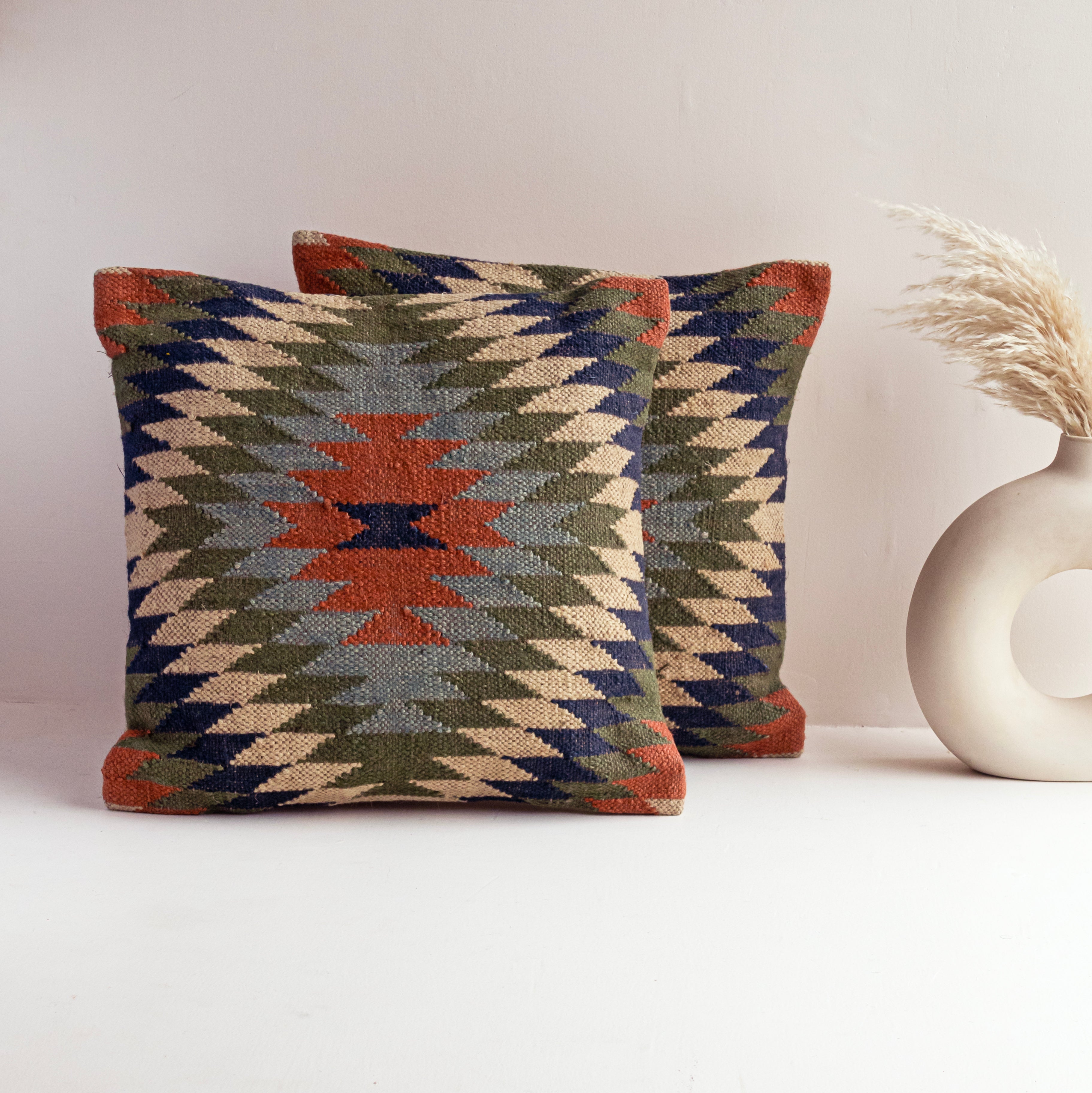 Handwoven Wool-Jute Kilim Cushion Covers - Southwestern Tribal Pattern, Rustic Home Decor