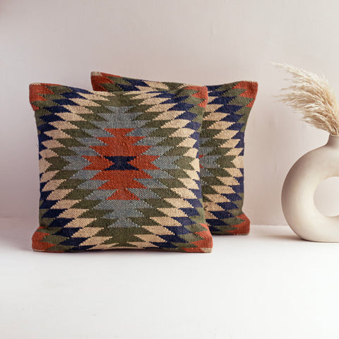 Handwoven Wool-Jute Kilim Cushion Covers - Southwestern Tribal Pattern, Rustic Home Decor