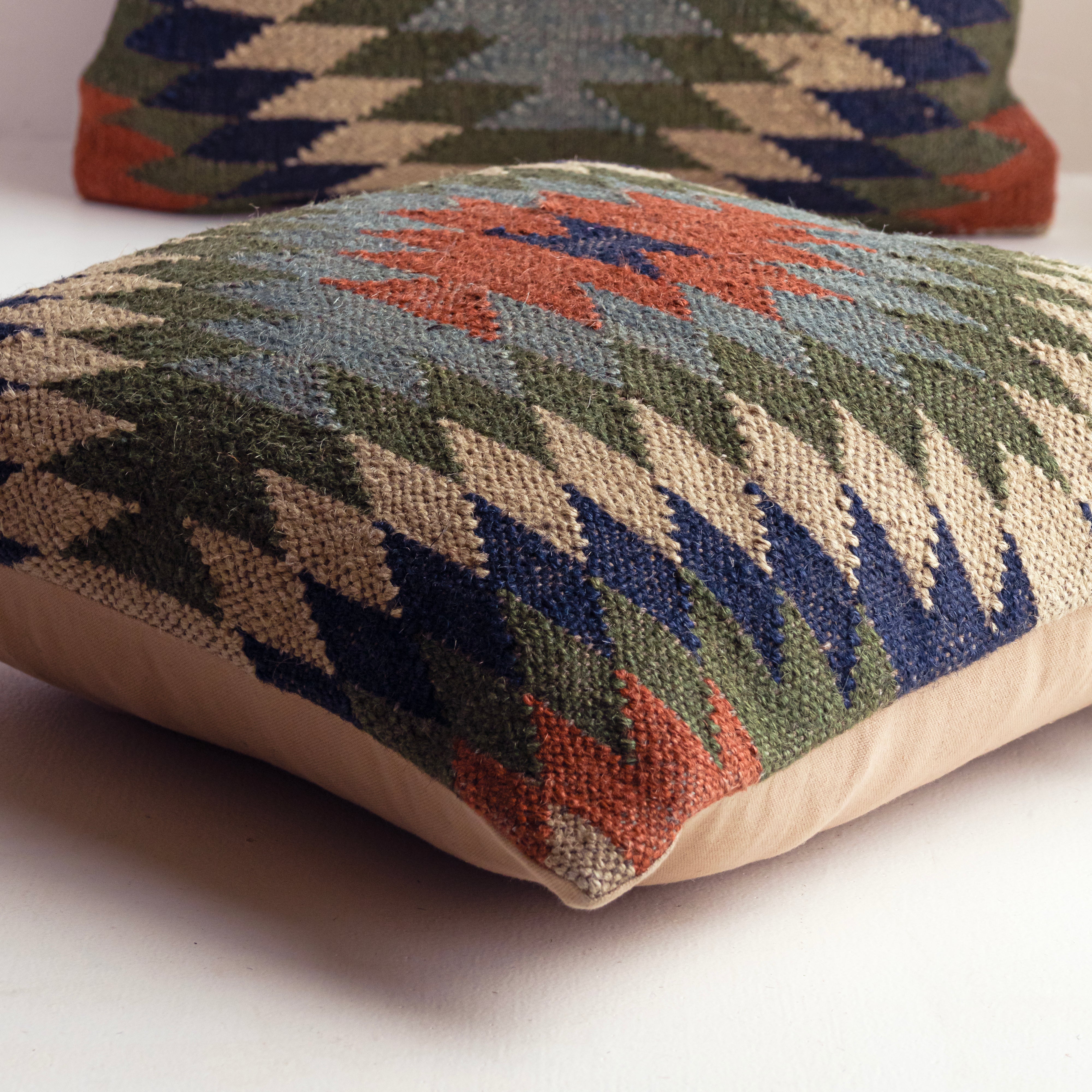 Handwoven Wool-Jute Kilim Cushion Covers - Southwestern Tribal Pattern, Rustic Home Decor