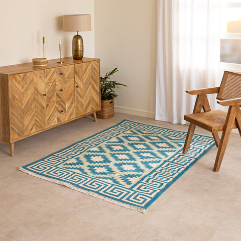 Handmade 100% Cotton Kilim-Inspired Blue Geometric Flatweave Rug