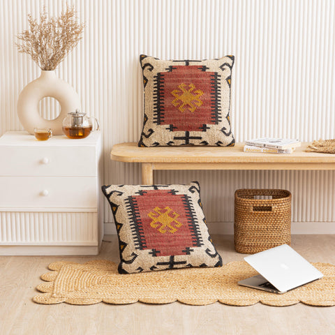 Elegant Red Cream Geometric Square Cushions & Curtains - Modern and Versatile