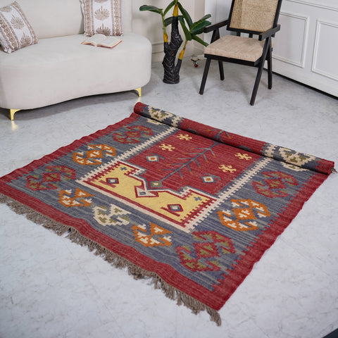 Vintage Wool-Jute Kilim Rug – Handwoven with Ethnic Geometric Design