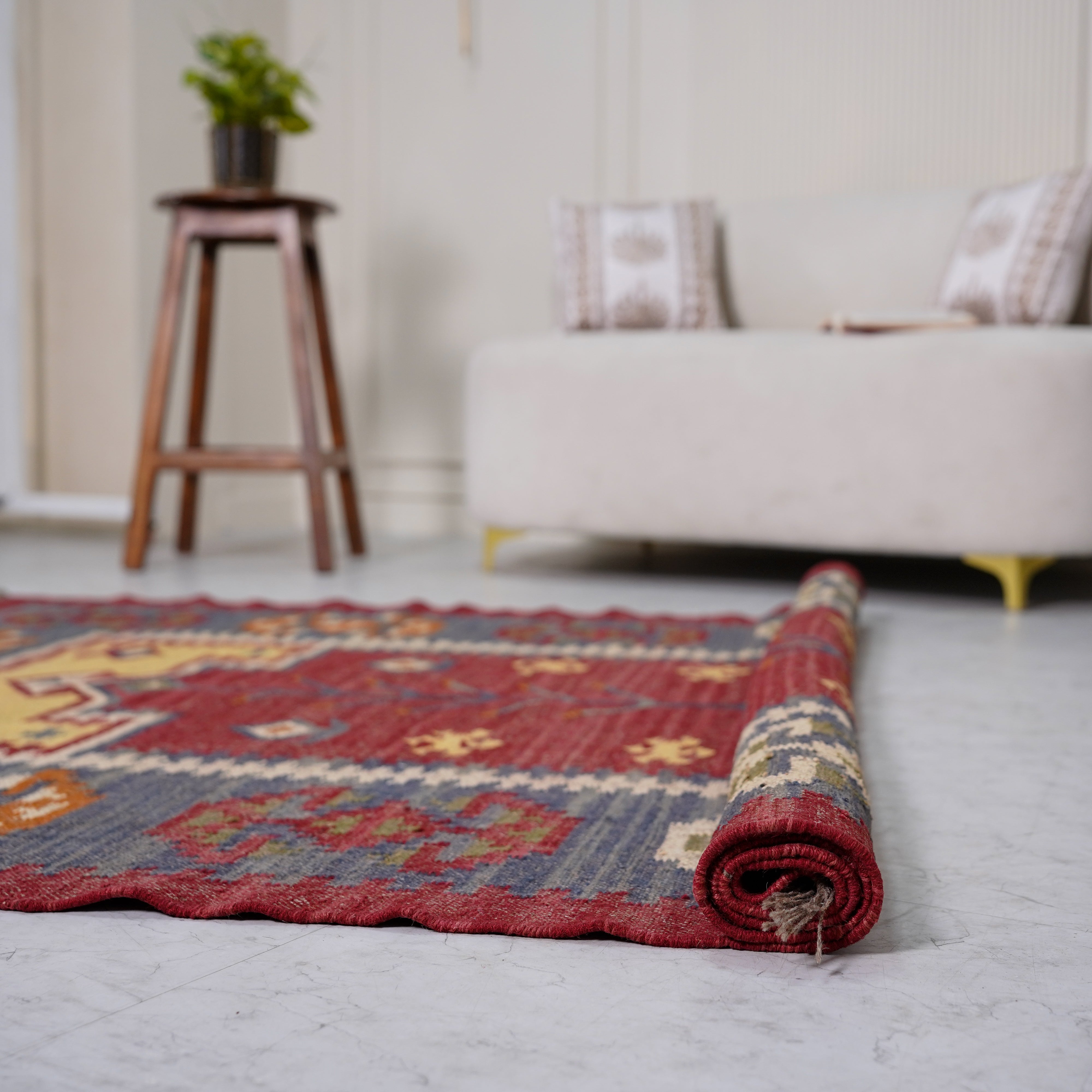 Vintage Wool-Jute Kilim Rug – Handwoven with Ethnic Geometric Design