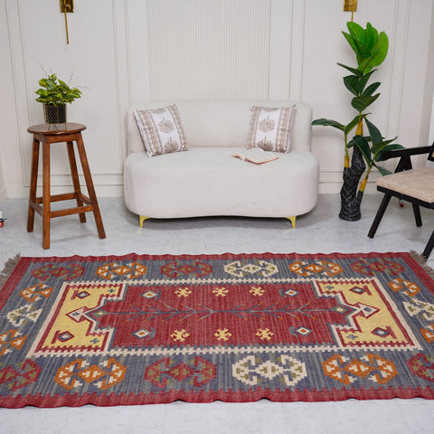 Vintage Wool-Jute Kilim Rug – Handwoven with Ethnic Geometric Design