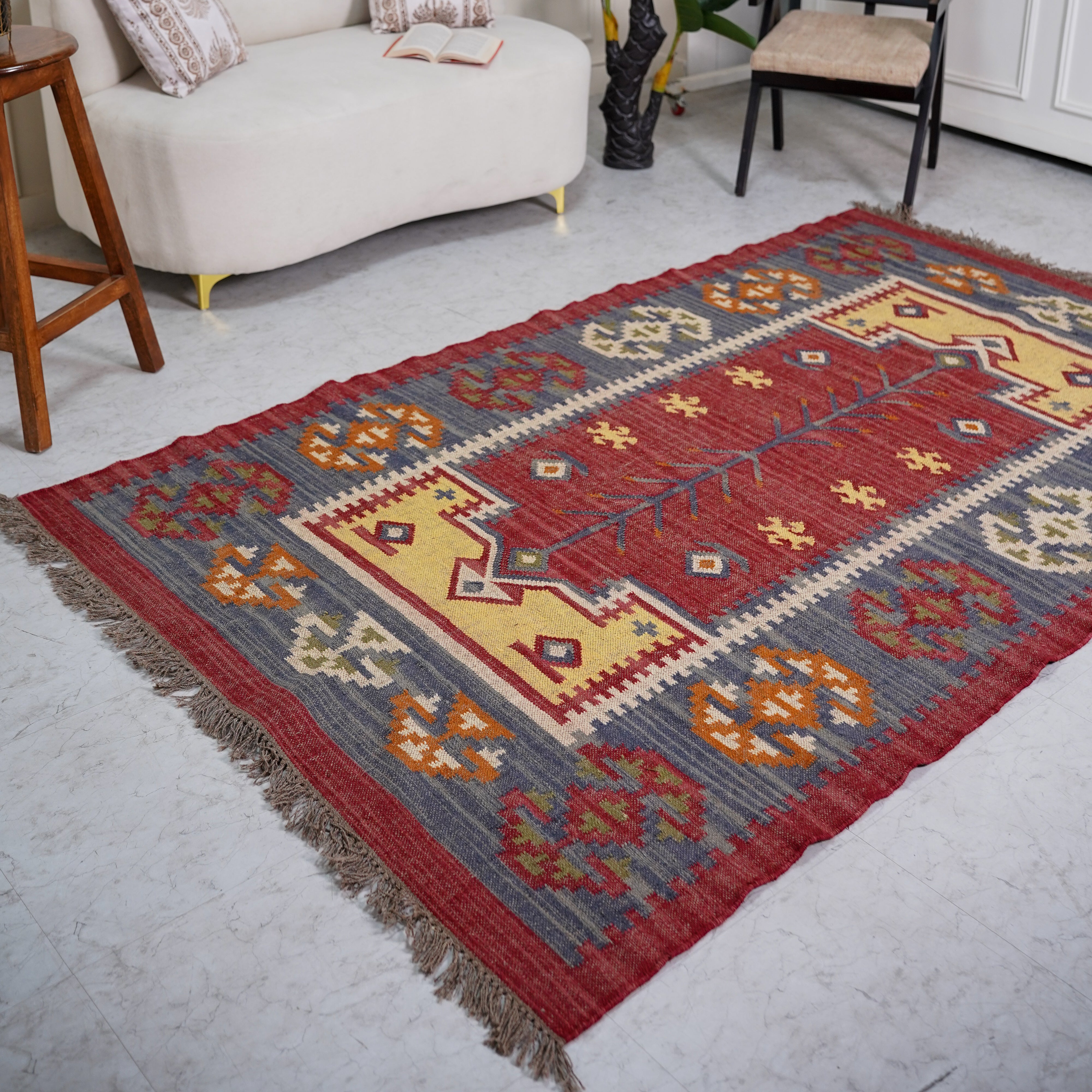 Vintage Wool-Jute Kilim Rug – Handwoven with Ethnic Geometric Design