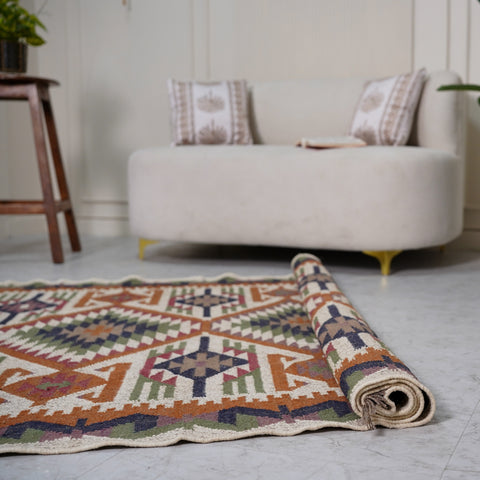 Traditional Indian Kilim Style Wool-Jute Rug – Handcrafted with Intricate Geometric Patterns