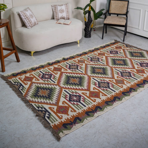 Traditional Indian Kilim Style Wool-Jute Rug – Handcrafted with Intricate Geometric Patterns