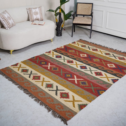 Rustic Striped Kilim-Inspired Wool-Jute Rug – Handcrafted Flatweave with Traditional Indian Geometric Pattern