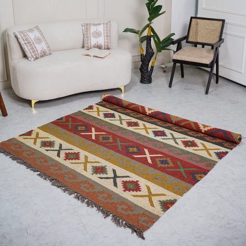 Rustic Striped Kilim-Inspired Wool-Jute Rug – Handcrafted Flatweave with Traditional Indian Geometric Pattern