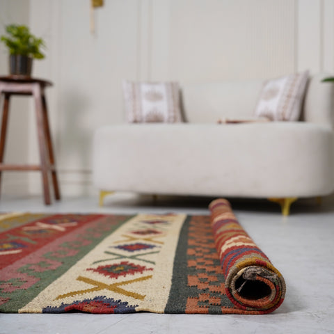 Rustic Striped Kilim-Inspired Wool-Jute Rug – Handcrafted Flatweave with Traditional Indian Geometric Pattern