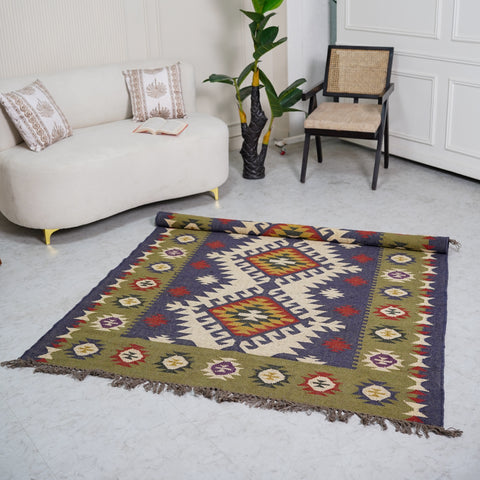 Handcrafted Wool-Jute Rug with Geometric Tribal Motifs