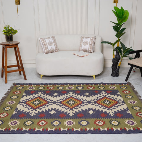 Handcrafted Wool-Jute Rug with Geometric Tribal Motifs