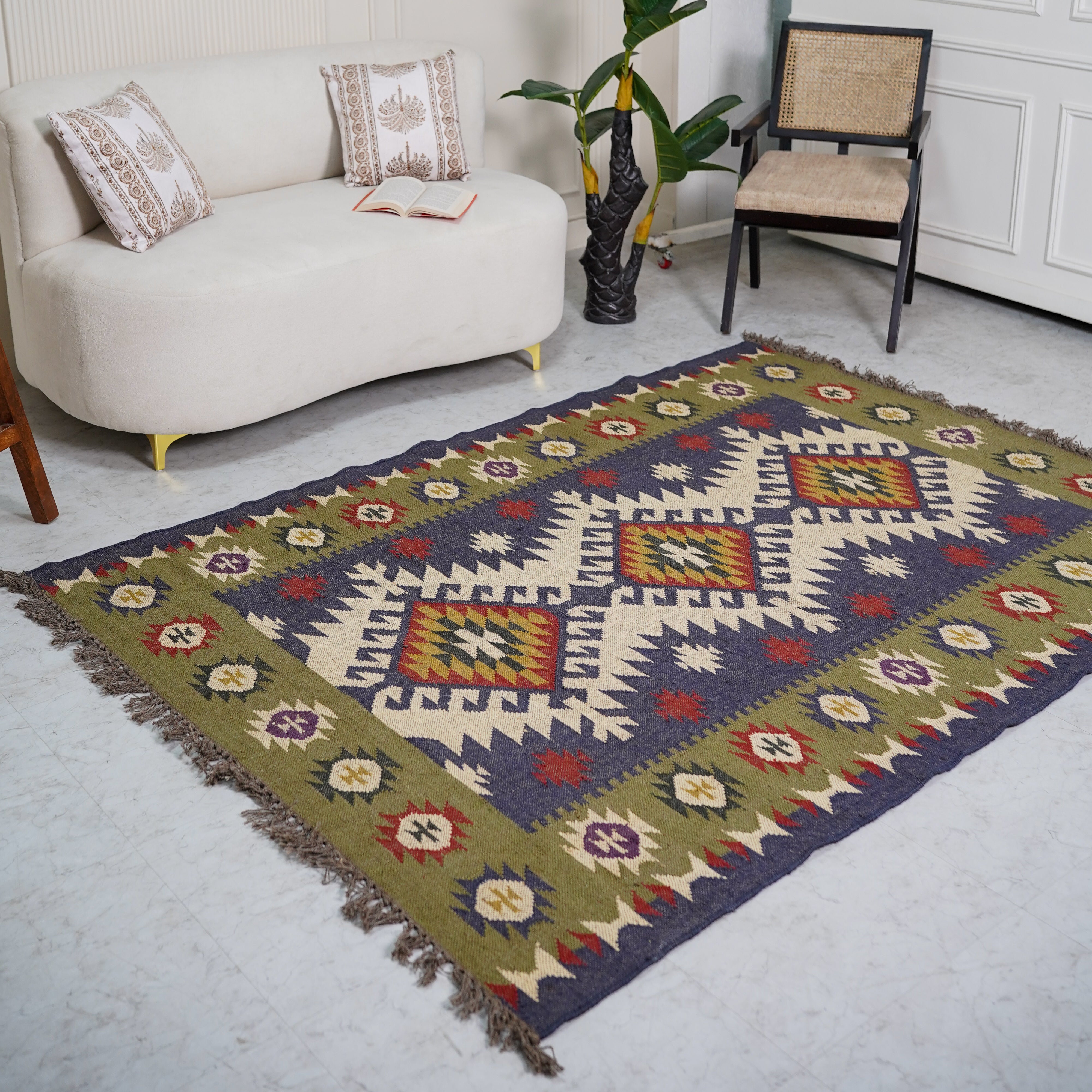 Handcrafted Wool-Jute Rug with Geometric Tribal Motifs