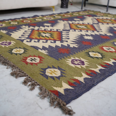 Handcrafted Wool-Jute Rug with Geometric Tribal Motifs