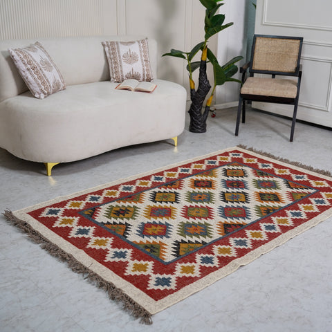 Geometric Kilim-Inspired Jute Wool Rug - Handcrafted Flatweave with Bold Tribal Pattern