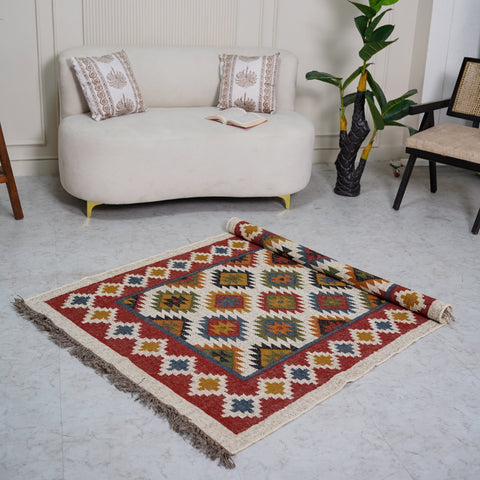 Geometric Kilim-Inspired Jute Wool Rug - Handcrafted Flatweave with Bold Tribal Pattern